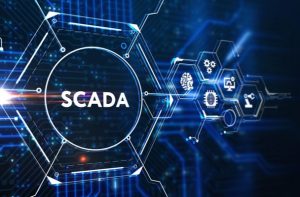 SCADA graphic with hexagons and digital interface.