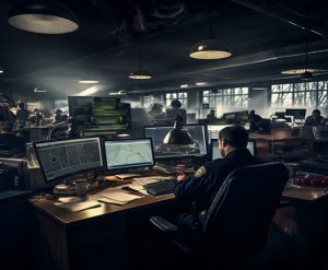 Control room with operators working at multiple computer monitors.