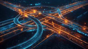 Aerial night view of a glowing highway interchange.