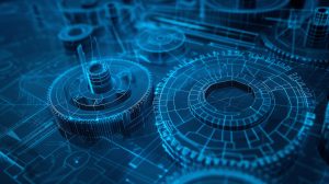 Blue digital blueprint of interlocking gears and parts.
