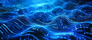 Abstract digital waves composed of glowing blue lines and dots flow across a dark background.