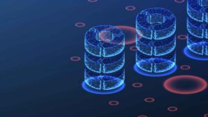 Digital illustration of three transparent, glowing blue server stacks or data storage units.