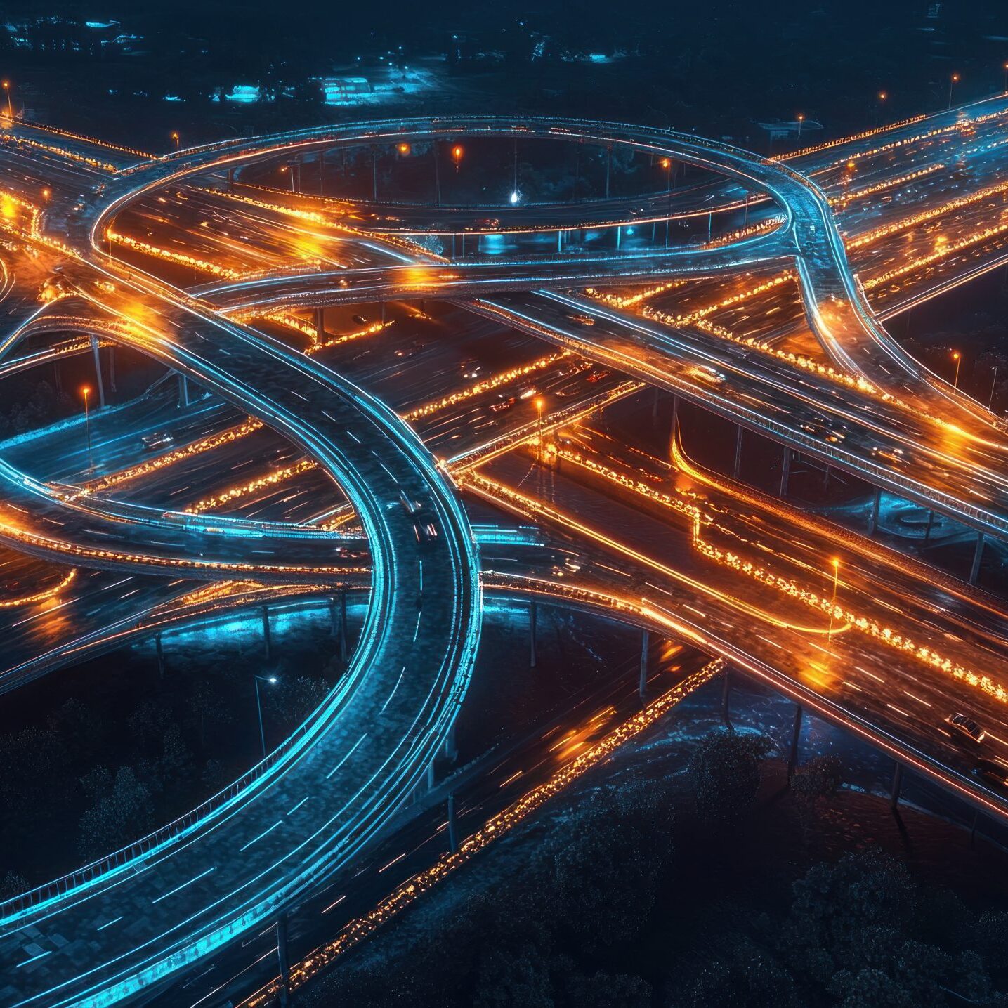 Aerial night view of a glowing highway interchange.
